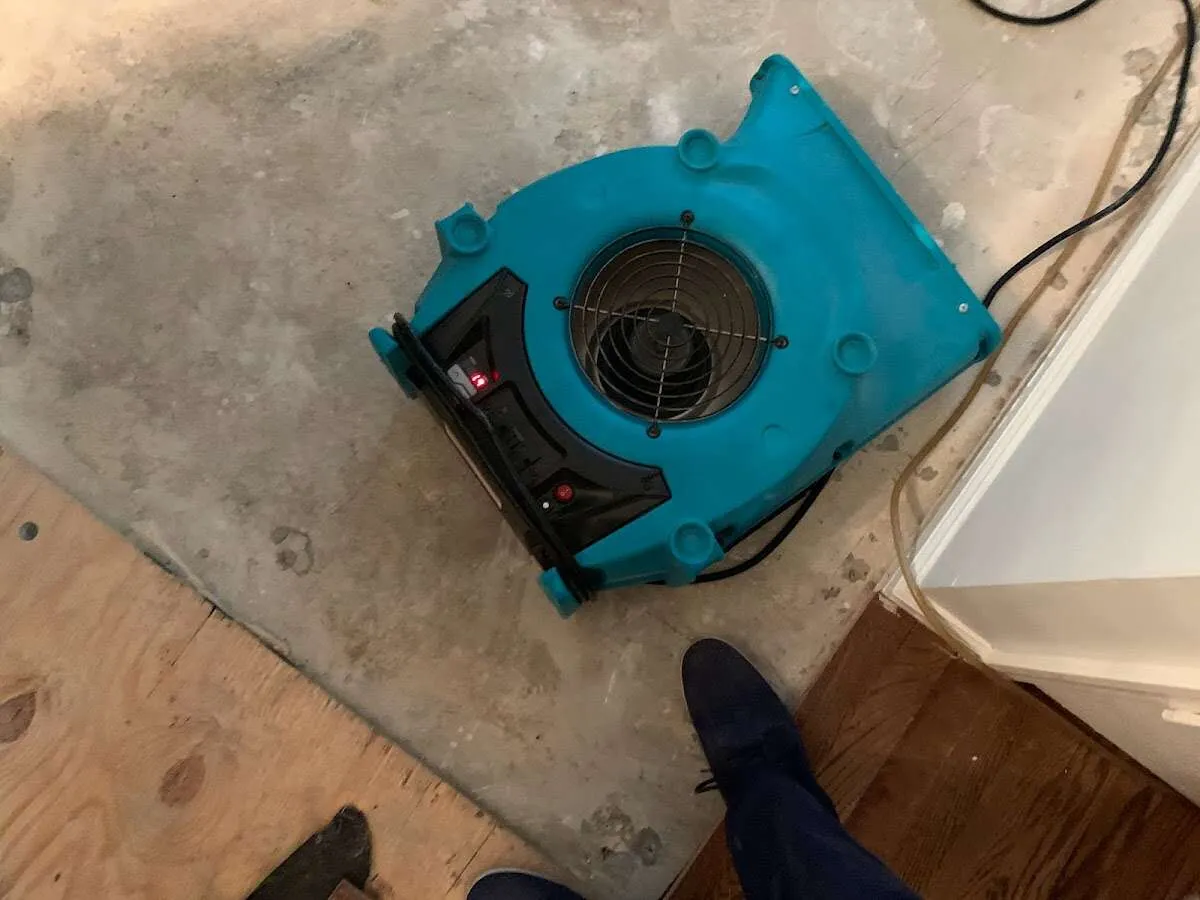 Air mover drying subfloor during Leak Detection & Repair in Rockingham